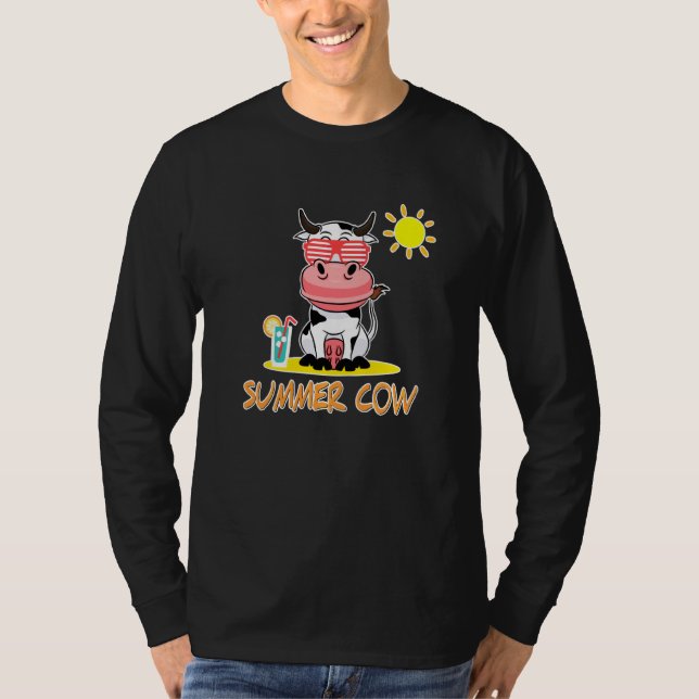 Camiseta Vaca De Verão Na Praia Com Óculos De Sol (Frente)