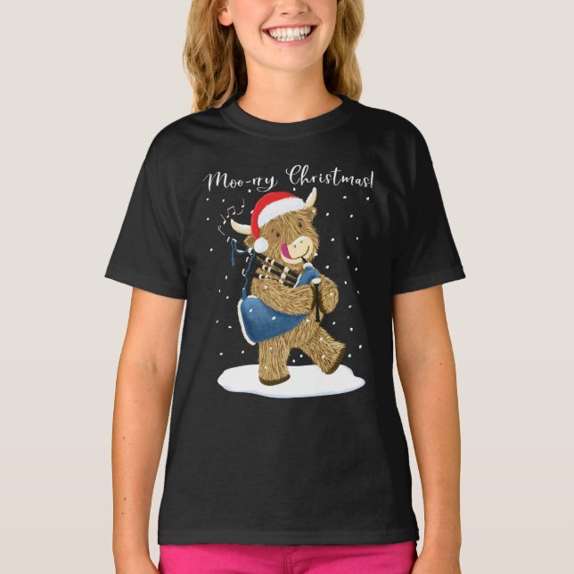 Camiseta Vaca do Land da Escócia brinca de natal (Frente)