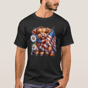 Camiseta Vaca do planalto-branco Florais 4 de julho EUA Ban