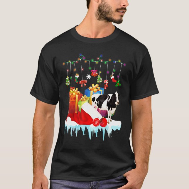 Camiseta Vaca Em Presente De Luz de Fada de Natal de Chapéu (Frente)