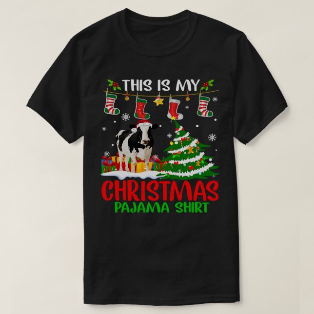 Camiseta Vaca Engraçada Bovinos De Natal Luzes Bonitas Papa (Frente do Design)