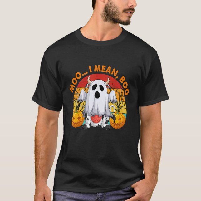 Camiseta Vaca Fantasma Mooo Quero Dizer Booo Abóbora de Hal (Frente)