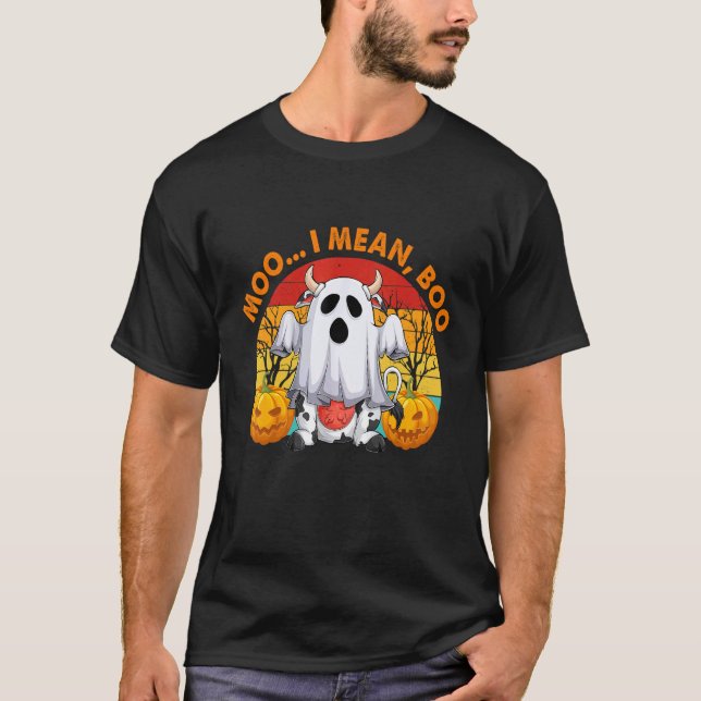 Camiseta Vaca Fantasma Mooo Quero Dizer Booo Abóbora de Hal (Frente)