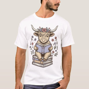 Camiseta Vaca Floral de Leitura Fofa Pilha de Livros Design
