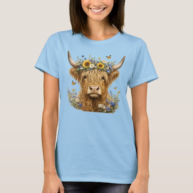 Camiseta Vaca Floral Rústica das Terras Altas (Frente)