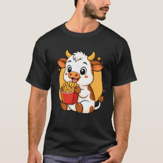 Camiseta Vaca Fofa Comendo Batatas Fritas Divertido Animal