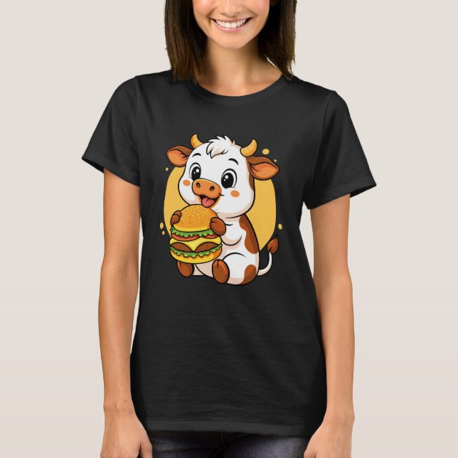Camiseta Vaca Fofa Comendo Hambúrguer Divertido Comida Anim (Frente)