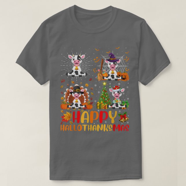 Camiseta Vaca Hallothanksmas Halloween Natal de Ação de Gra (Frente do Design)