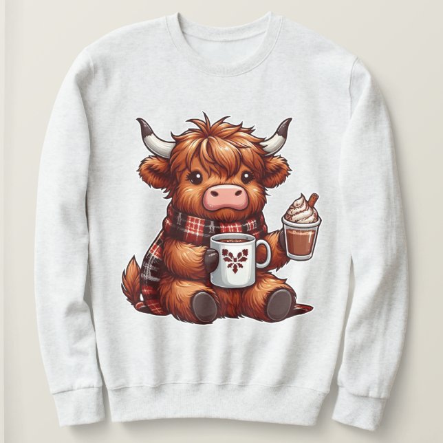 Camiseta Vaca Highland Adorável Aproveitando Bebidas Cozinh (Frente do Design)