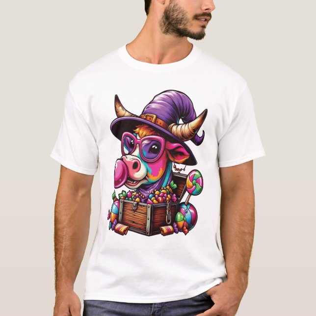 Camiseta Vaca Highland Arco-íris no Halloween (Frente)