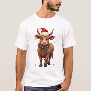 Camiseta Vaca Highland de Natal Vintage com Chapéu de Papai