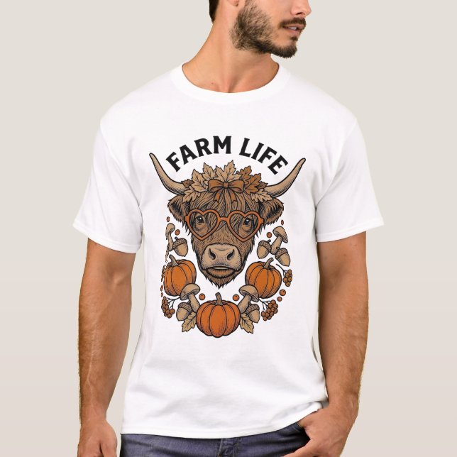 Camiseta Vaca Highland de Outono com Óculos de Coração (Frente)