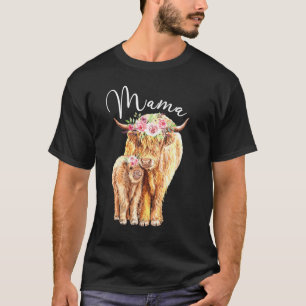 Camiseta Vaca Highland Mama Com Bezerro Floral Dia Das Mães