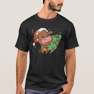 Camiseta Vaca Kawaii Com Árvore De Natal Fazendeiros Do Xma