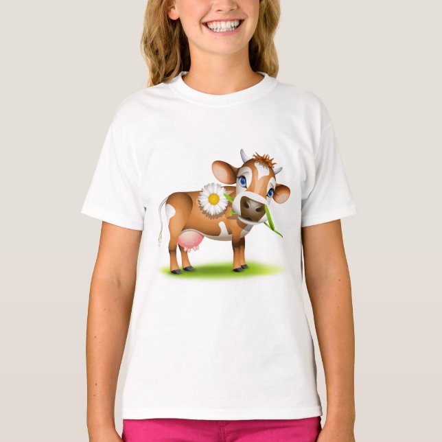 Camiseta Vaca Leiteira de Cartoon Cuja Flor e Grama são (Frente)