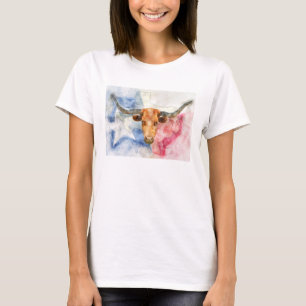 Camiseta Vaca Longhorn com mapa do Texas e Flag Watercolor