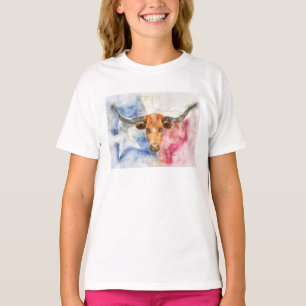 Camiseta Vaca Longhorn com mapa do Texas e Flag Watercolor