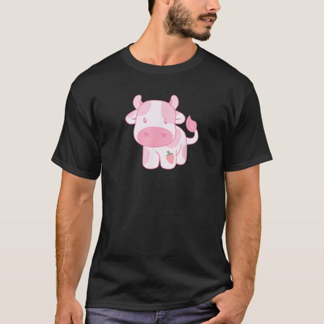 Camiseta Vaca Morango Fofa Rosa Pastel (Frente)