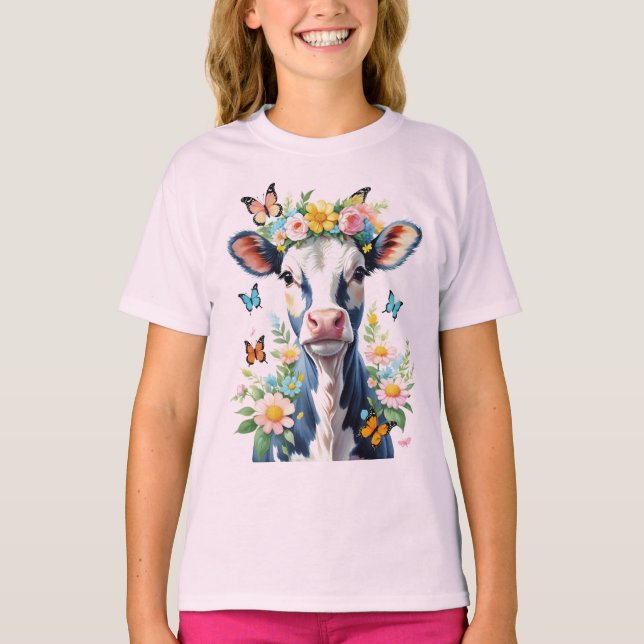 Camiseta Vaca Negra E Branca De Bebê Com Flor (Frente)