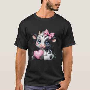 Camiseta Vaca Negra Incrível Segurando Coquete Rosa Coração