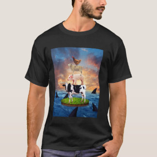 Camiseta Vaca Porco Ovelha Frango No Mar Tubarões Anim Dive