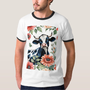 Camiseta Vaca Preta e Branca Com Flores Laranjas