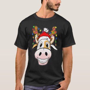 Camiseta Vaca Rena Capuz do Papai Noel Luzes de Natal Vaca