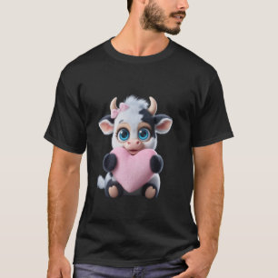 Camiseta Vaca Segurando Coração Laço Coquete Rosa Preto e B