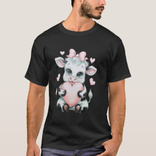 Camiseta Vaca Segurando Coração Laço Coquete Rosa Preto e B