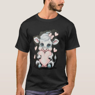 Camiseta Vaca Segurando Coração Preto & Branco Laço Coquete