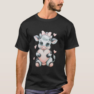 Camiseta Vaca Segurando Coração Preto & Branco Laço Rosa Co