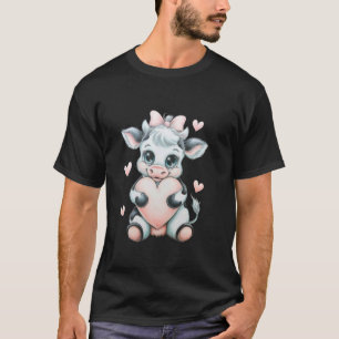 Camiseta Vaca Segurando Coração Preto & Branco Rosa Coquete