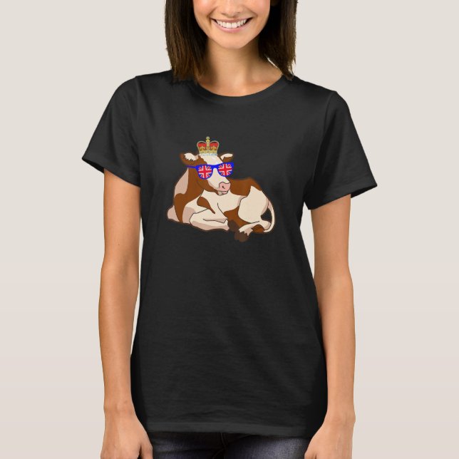 Camiseta Vaca Usando Óculos de Sol e Coroa Bandeira da Ingl (Frente)