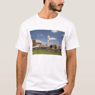 Camiseta Vacas em frente a um celeiro vermelho e silo em um
