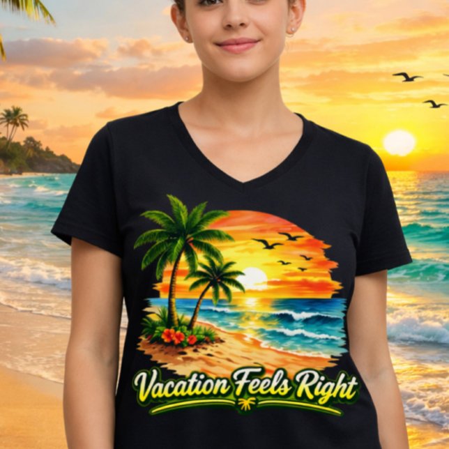 Camiseta Vacation Feels Right Ocean Sunset V-Neck Tee USA (Criador carregado)