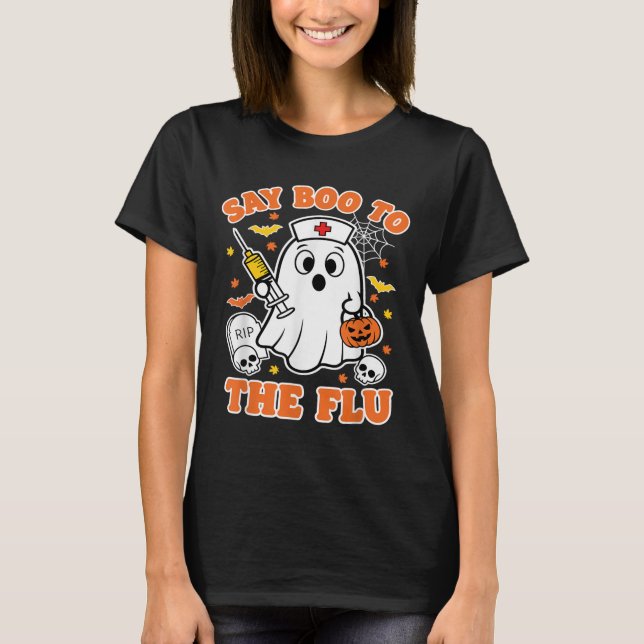 Camiseta Vacina Engraçada Diz Boo À Enfermeira Fantasma Da  (Frente)