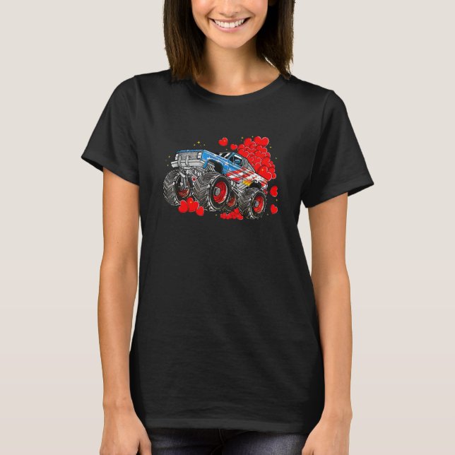 Camiseta Valentine Day Heart American Flag Monster Truck Bo (Frente)