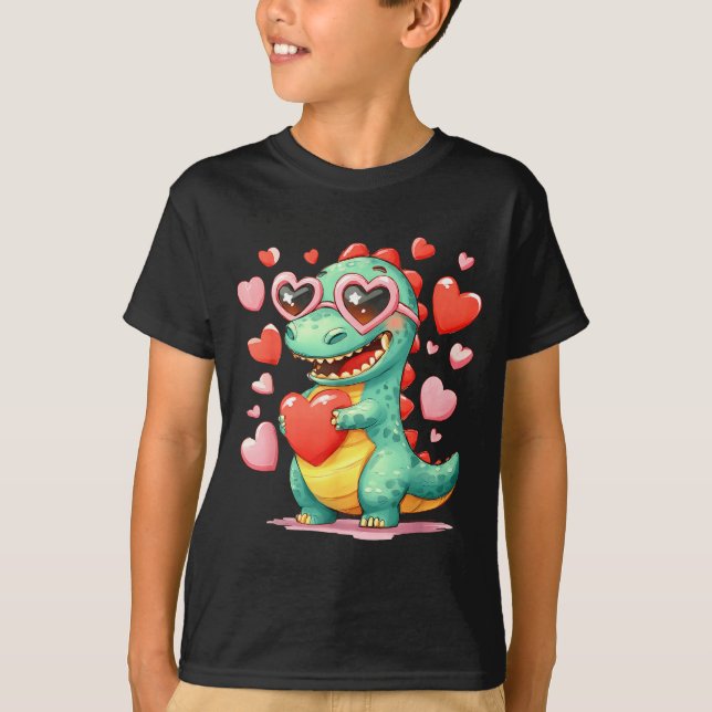 Camiseta Valentine Dinosaur Trex Holding Heart Girl Sunl Bo (Frente)