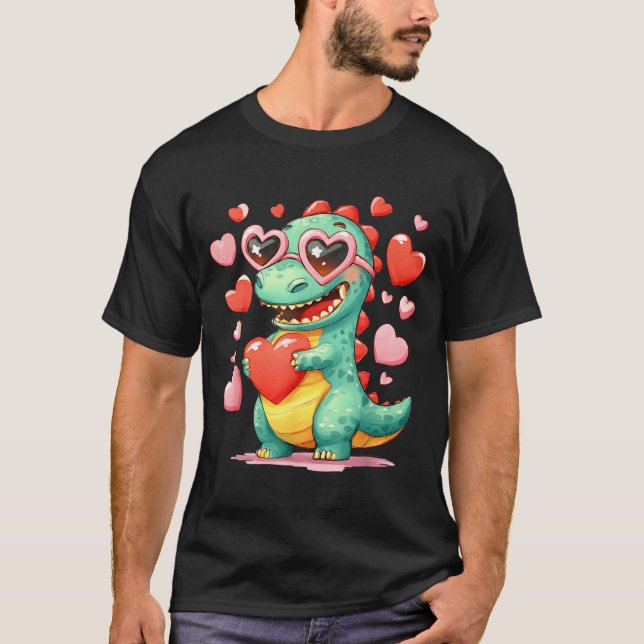 Camiseta Valentine Dinosaur Trex Holding Heart Girl Sunl Bo (Frente)