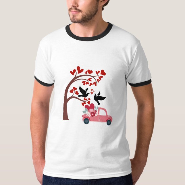 Camiseta Valentine Love Birds & Floral Pink Truck Tee (Frente)