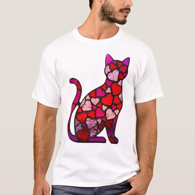 Camiseta Valentine Stained Glass Cat Heart | Retro Mosaic  (Frente)