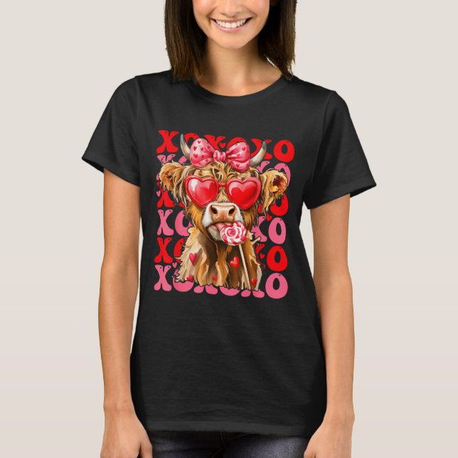 Camiseta Valentine Xoxo Highland Cow Cute Coquette Bow West (Frente)