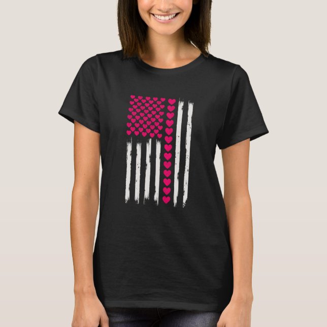 Camiseta Valentines Day American Flag Hearts pink Distresse (Frente)