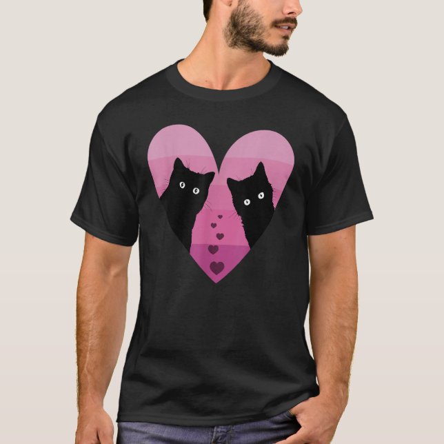 Camiseta Valentines Day Cat Couple Heart Retro Girlfriend C (Frente)