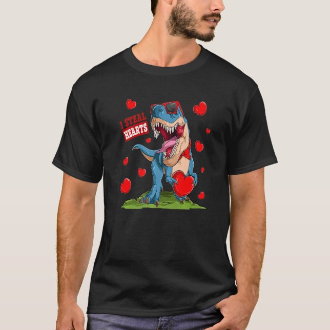Camiseta Valentines Day Dinosaur I Steal Hearts Boys Men Lo (Frente)