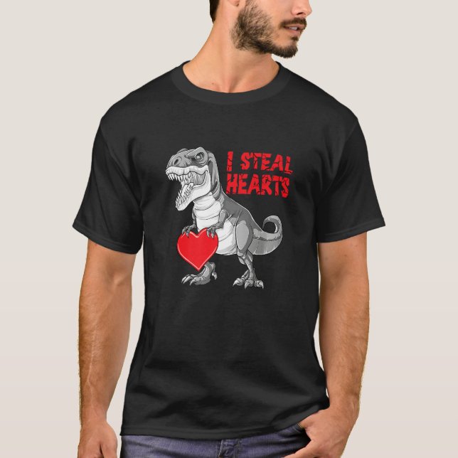 Camiseta Valentines Day Dinosaur I Steal Hearts Boys Men Lo (Frente)