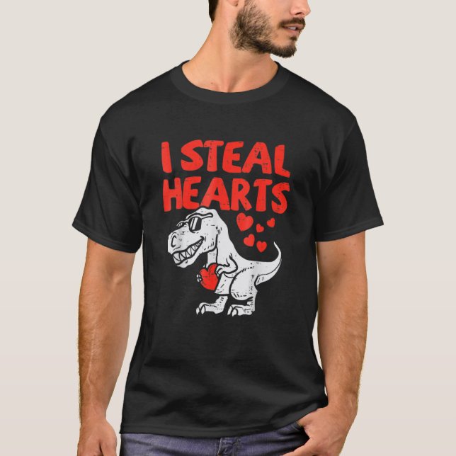Camiseta Valentines Day Dinosaur I Steal Hearts Boys Men Lo (Frente)