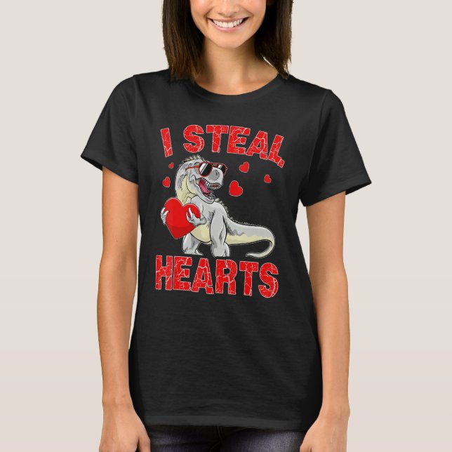 Camiseta Valentines Day Dinosaur I Steal Hearts Boys Men Lo (Frente)