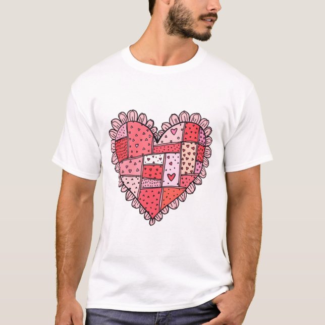 Camiseta Valentine's Day Faux Patchwork Heart Doodle Style (Frente)