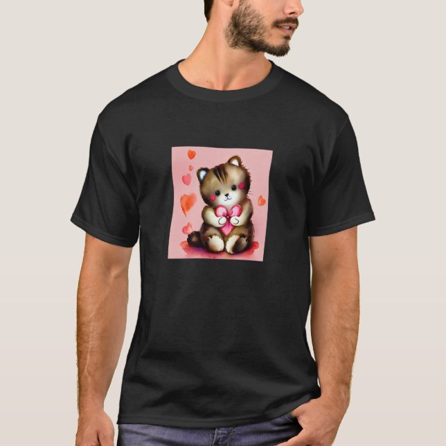 Camiseta Valentine's Day Love Heart Cat Teddy Girlfriend Fi (Frente)